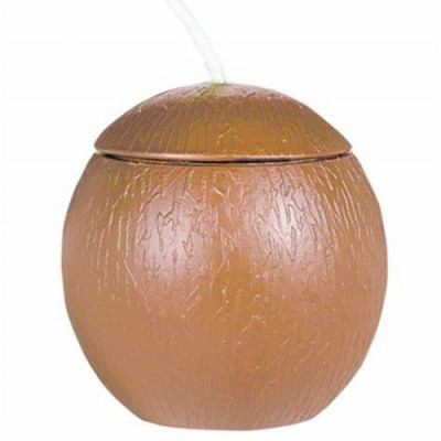 Realistic brown plastic coconut cup with straw TIKI mug