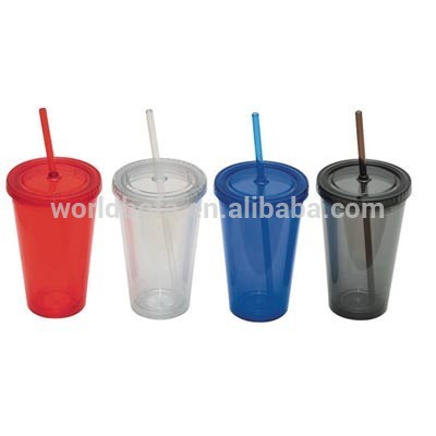 Customized plastic double walled tumbler cups with straw