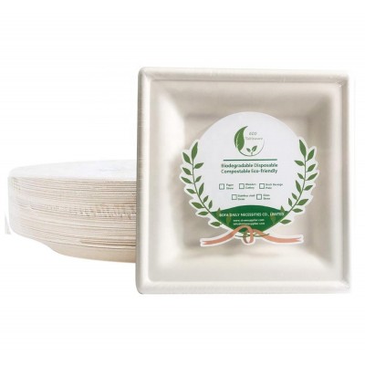 Heavy Duty Plates 100% Natural Sugarcane Biodegradable Compostable Bagasse Square Plates